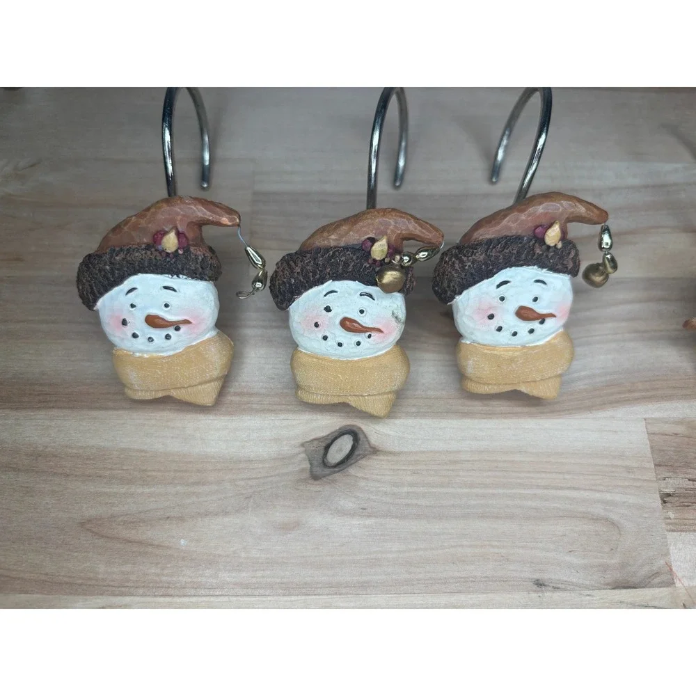 Vintage Snowman Shower Curtain Hooks Set of 12 Christmas Holiday Resin Decor